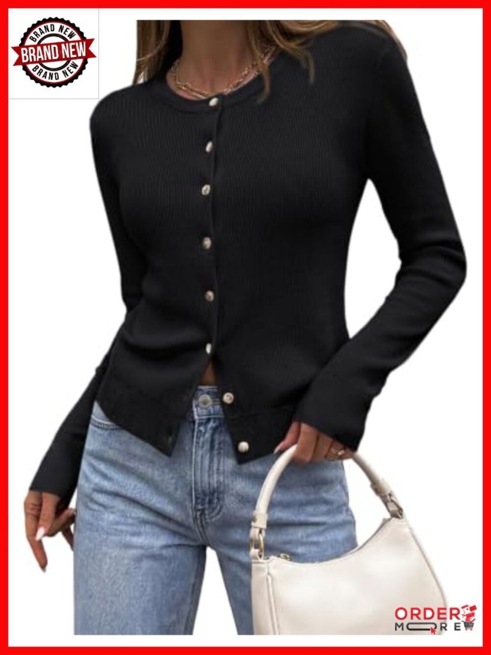 Fitted Cropped Button Down Cardigan Sweater Long Sleeve Crewneck Fall
